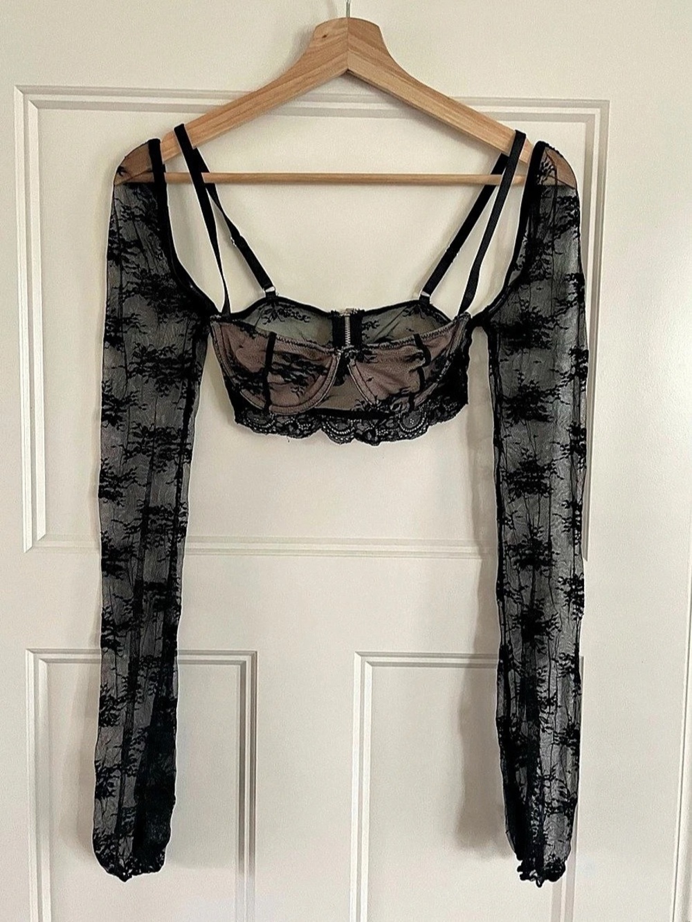 Black Floral Lace Long Sleeve Bra Top